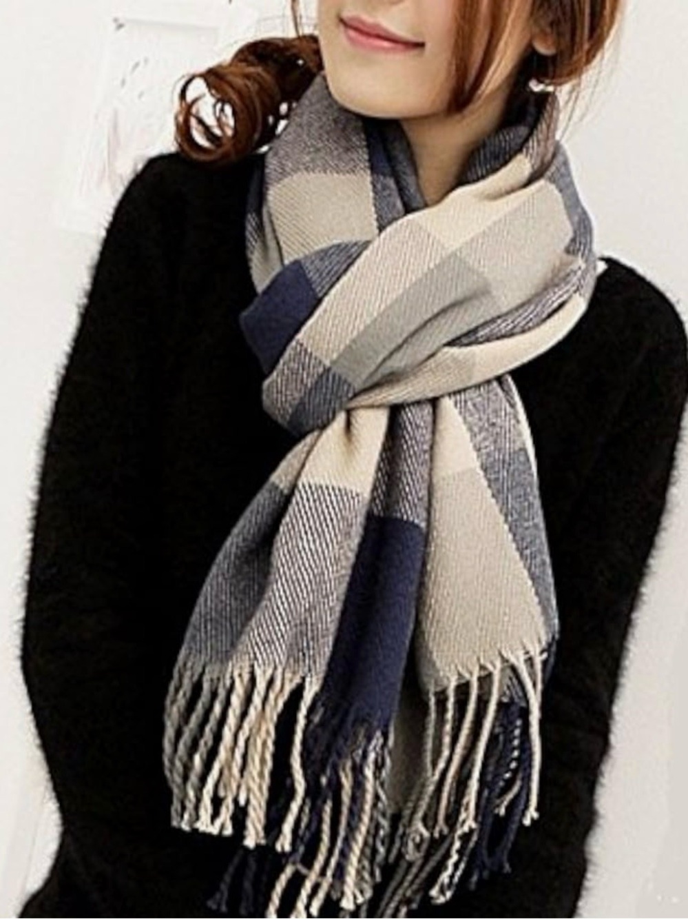 Plaid Fringe Winter Scarf in Navy and Cream